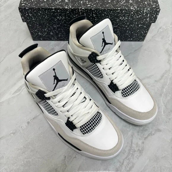 Brand New Retro 4 Military Black -Men’s Sneakers Trainers-White/Light Grey/Black - Picture 3 of 6